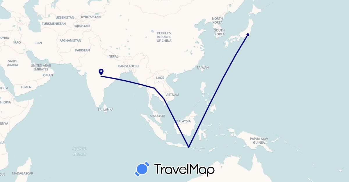 TravelMap itinerary: driving in Indonesia, India, Japan, Cambodia, Thailand (Asia)